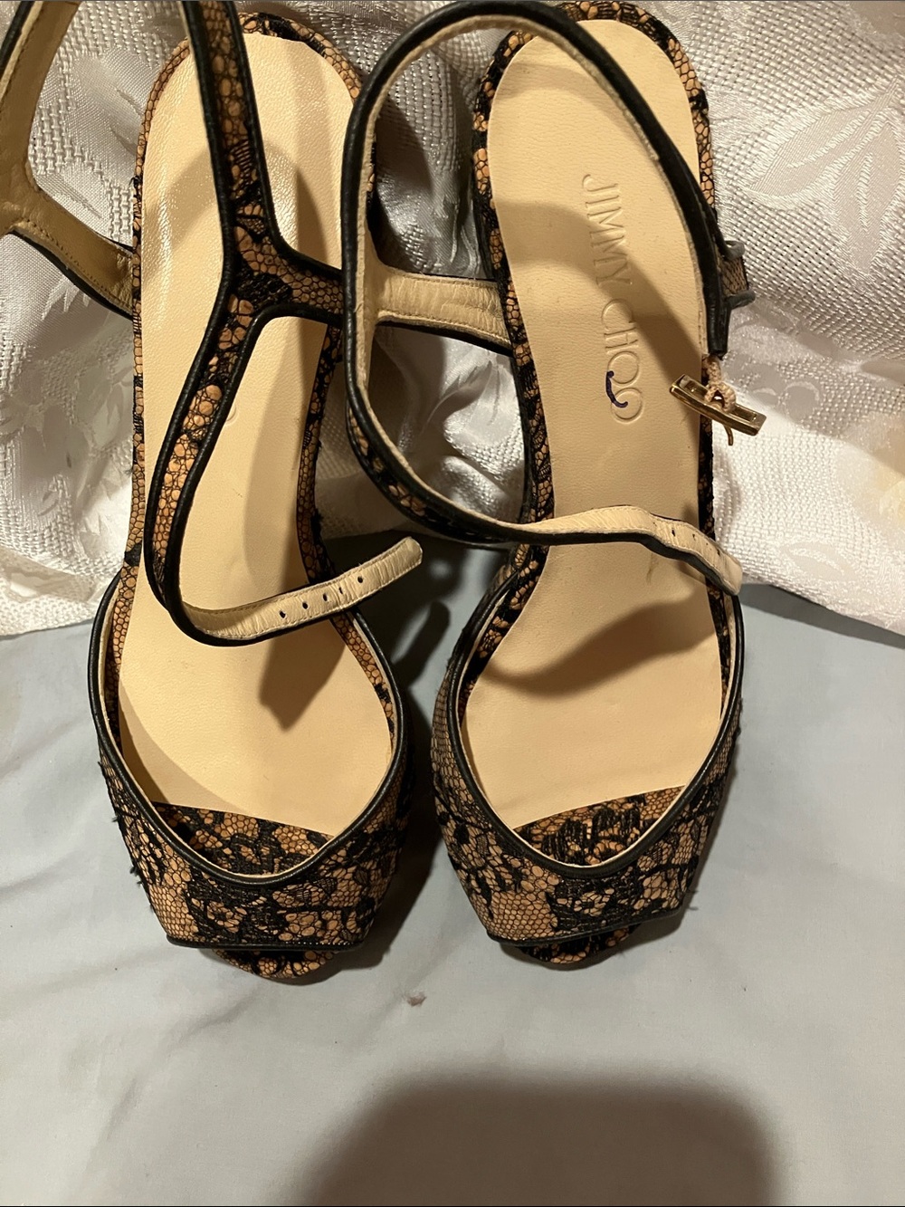 Jimmy Choo Black Lace-Overlay Tan Platform Sandals - Picture 3 of 12